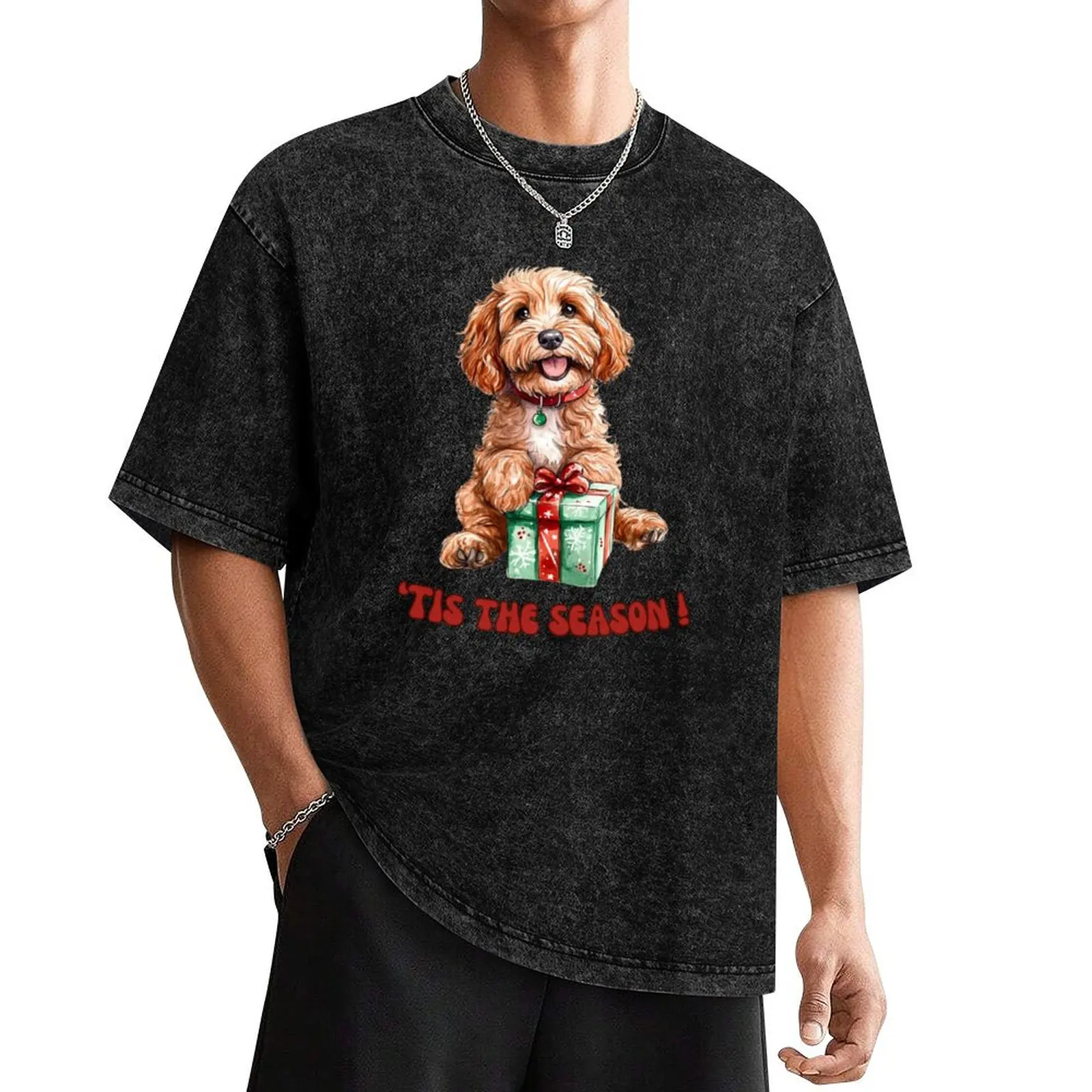

Cavapoo dog holding Christmas present T-Shirt vintage anime shirt Luxury man Short sleeve tee men