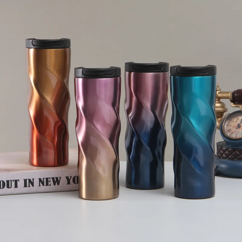 500ml Twisted Wave Shape Stainless Steel Travel Mug,Vacuum Insulated Coffee Tumbler Leakproof Flip Lid for Car Office