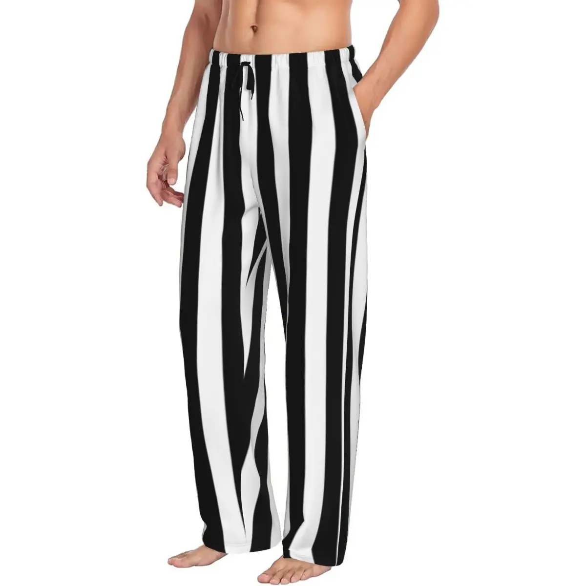 Custom Black And White Vertical Stripes Men Pajama Pants Lounge Sleep Sleepwear Bottoms with Pockets