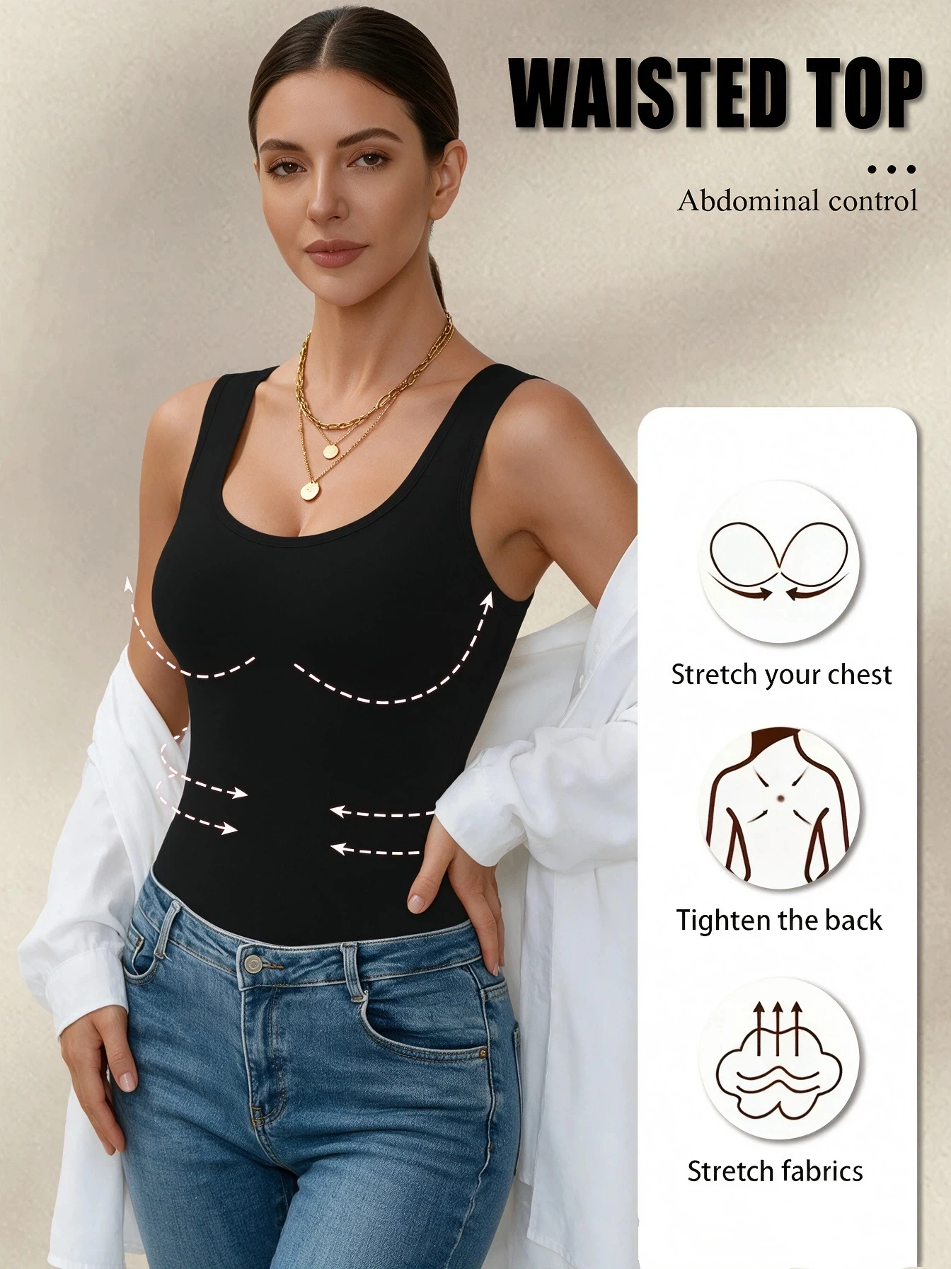 Seamless ribbed compression shapewear tank top for women, medium support tummy waist shaper, solid non-spaghetti strap, postpart