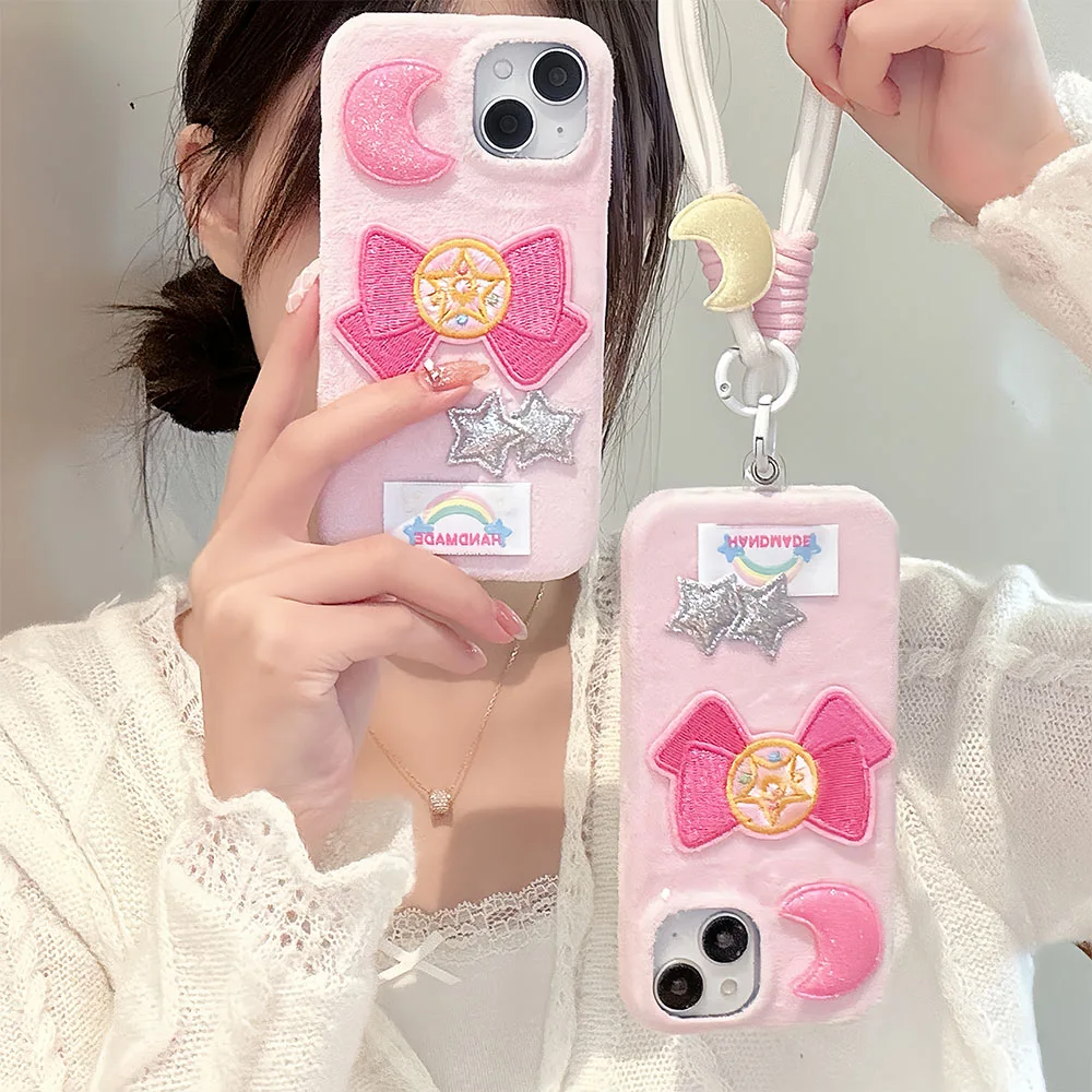 Creative Plush Embroidered Bow Women Phone Case Suitable for IPhone 12 13 14 15 16 Pro Max Shockproof Soft Cover With Lanyard