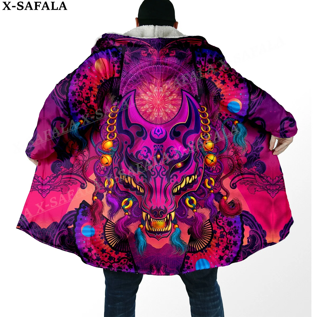 Japanese Fox Anime Kitsune Masks Print Thick Warm Hooded Cloak Men Overcoat Coat Windproof Fleece Cape Robe Hooded Blanket-6