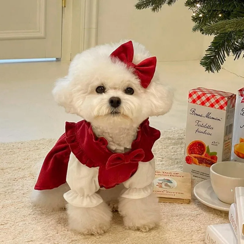 Christmas Dog Dress Pet Clothes Cat Red Pink Suit With White Shirt  Warm New Year Clothing for Cats French Bulldog Party Dress