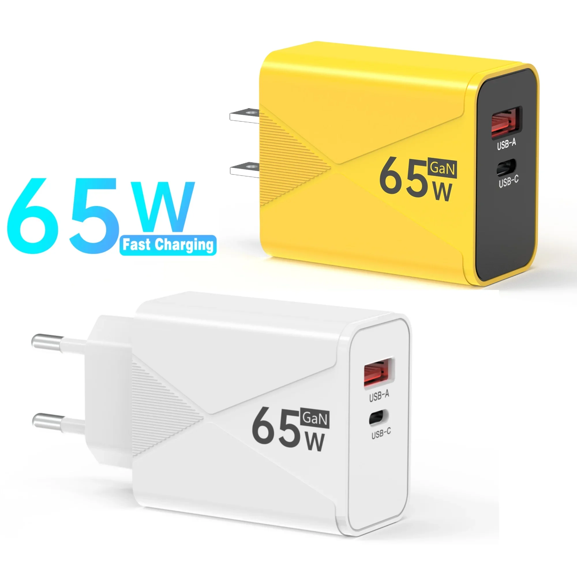 65W GaN Dual Port Fast Charger PD 33W USB-C QC USB-A EU Plug Wall Adapter for iPhone 15 Pro Max Xiaomi Huawei Samsung Laptop