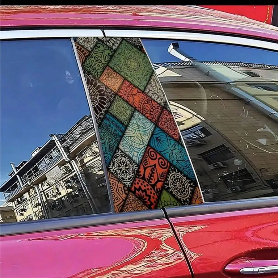 2pcs Mandala Pattern Car B-Pillar Decorative Stickers, Durable Vinyl Protective Film, Suitable For B-Pillar Exterior Accessories