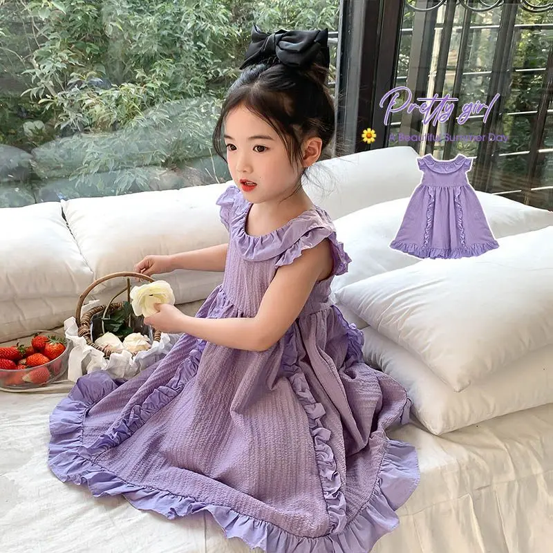 Girls Casual Dresses Solid Purple Sleeveless Dress with Lace Lapel Princess Dress for Girls 2 To 7 Years Kids Dresses for Girls