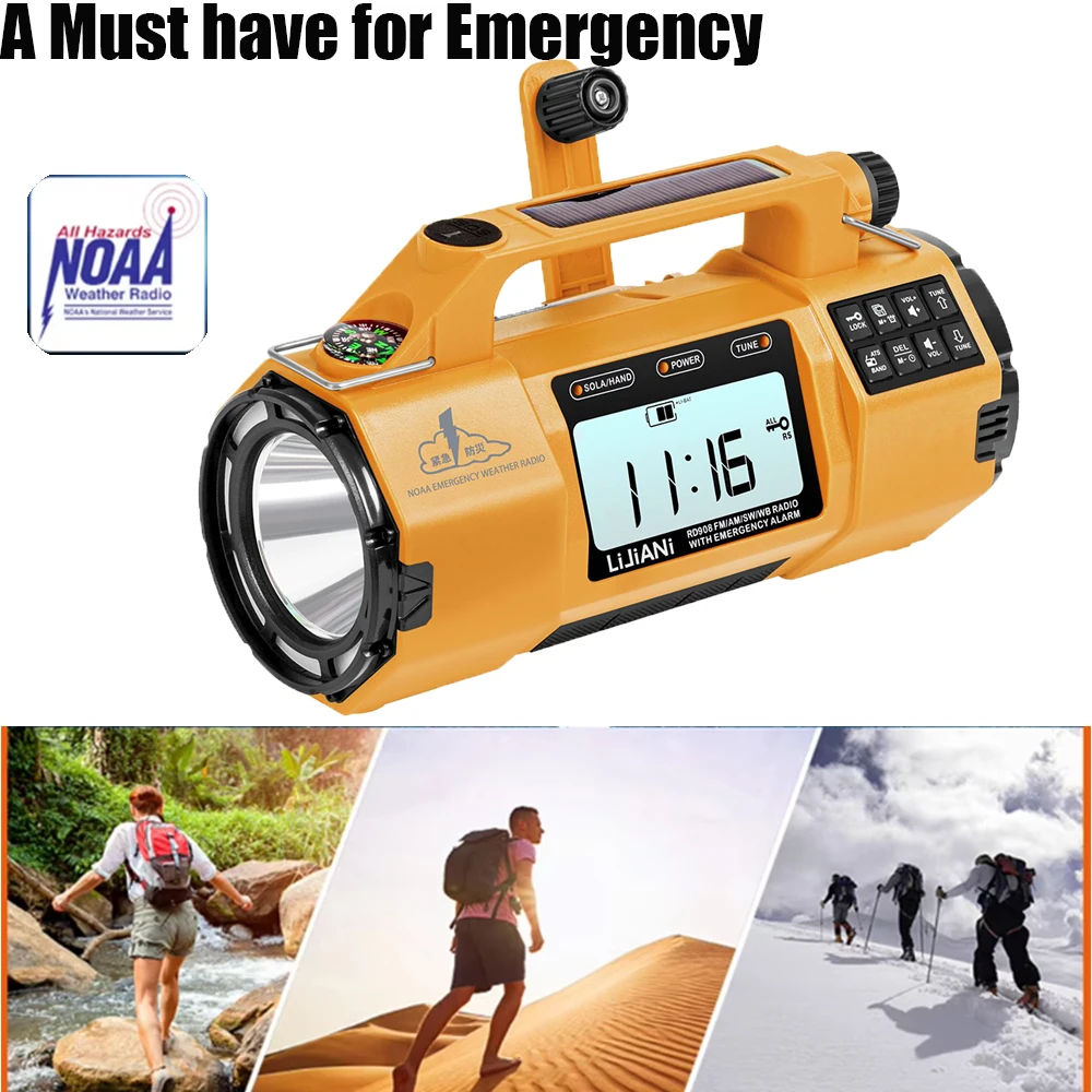 다기능 비상 라디오 5000mAh AM FM NOAA 날씨 라디오 솔라 핸드 크랭크 라디오 보조베터리 손전등 SOS 알람