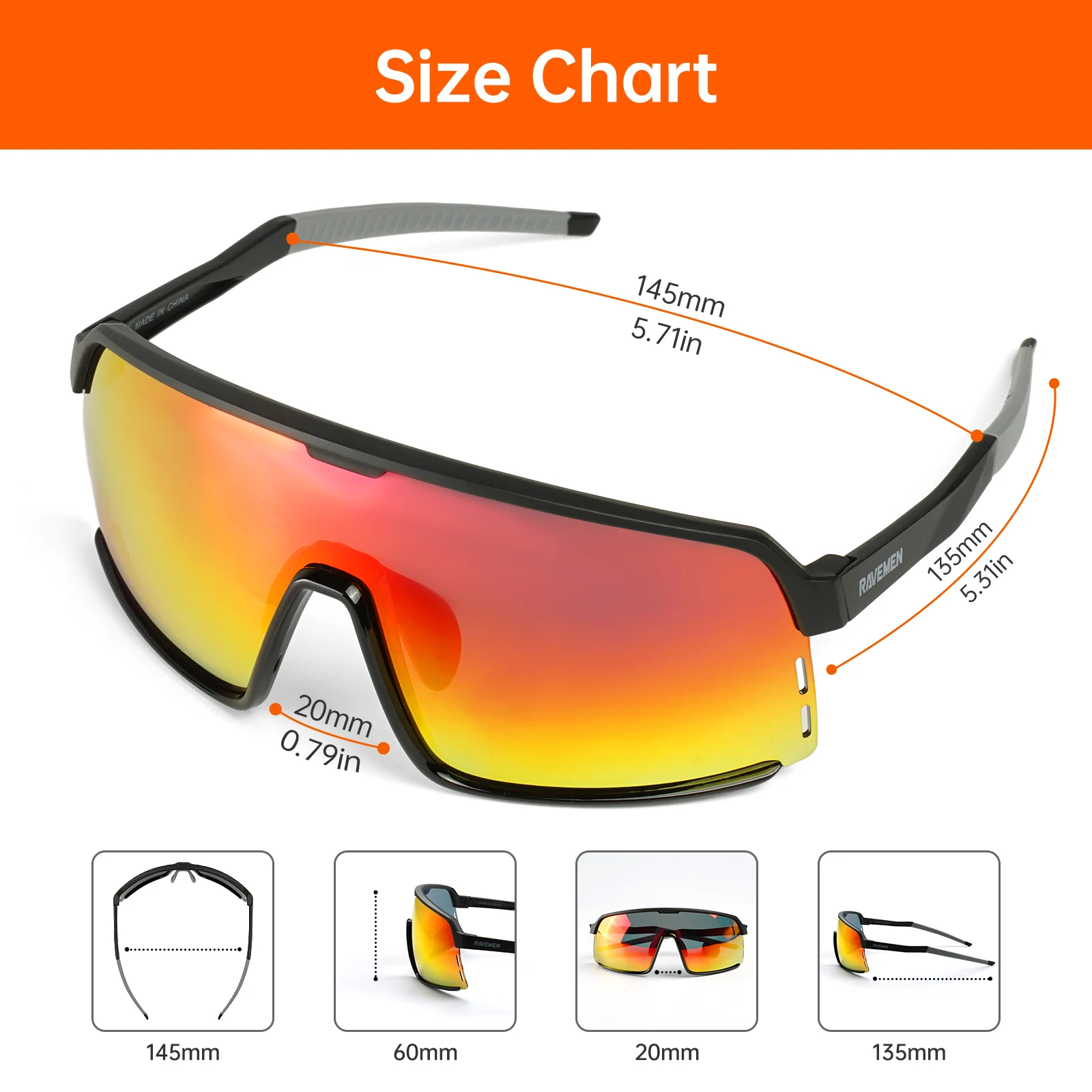 RAVEMEN CG12 Cycling Glasses Running Hiking Sports Sunglasses Full Revo TAC HD Lens UV400 Protection TR90 Frame Ultra-Light Red