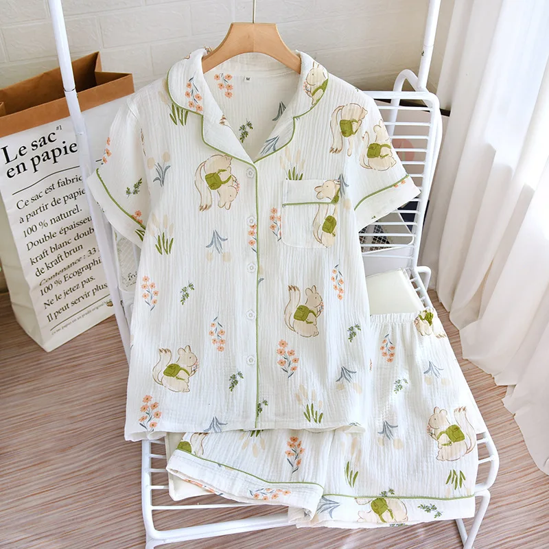 Pajamas Women's Summer Cotton Short Sleeve Shorts New Large Outwear Home Furnishing Set Loose Casual Simple Style Printing Lapel