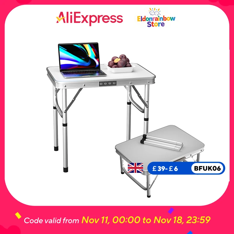 2FT Folding Computer Desk for Small Spaces Height Adjustable PC Laptop Bed Side Table 60x45x26/56cm2x1.5x1/2ft White