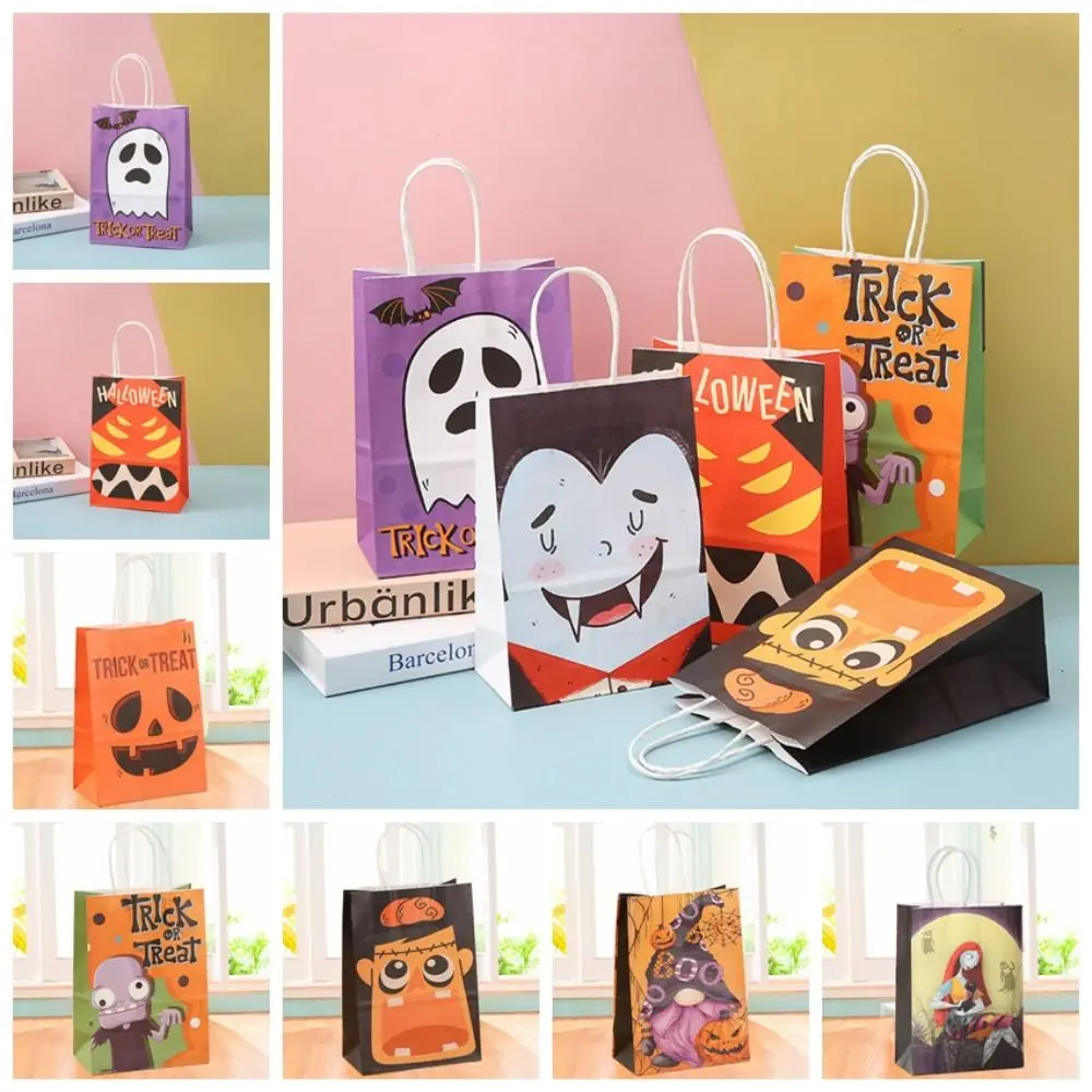 Halloween Kraft Paper Bag Treat Bags Pumpkin Ghost Bat Cat Pattern Totes Bag Trick or Treat Halloween Party Favor