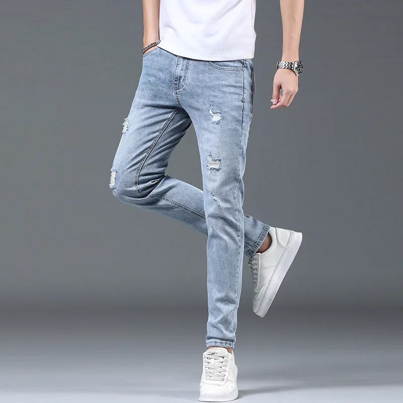 Spring Summer Stylish Korean ripped hole Stretch Men\'s Slim Work Denim Pants with Distressed Design Blue Casual Jeans Luxury Men