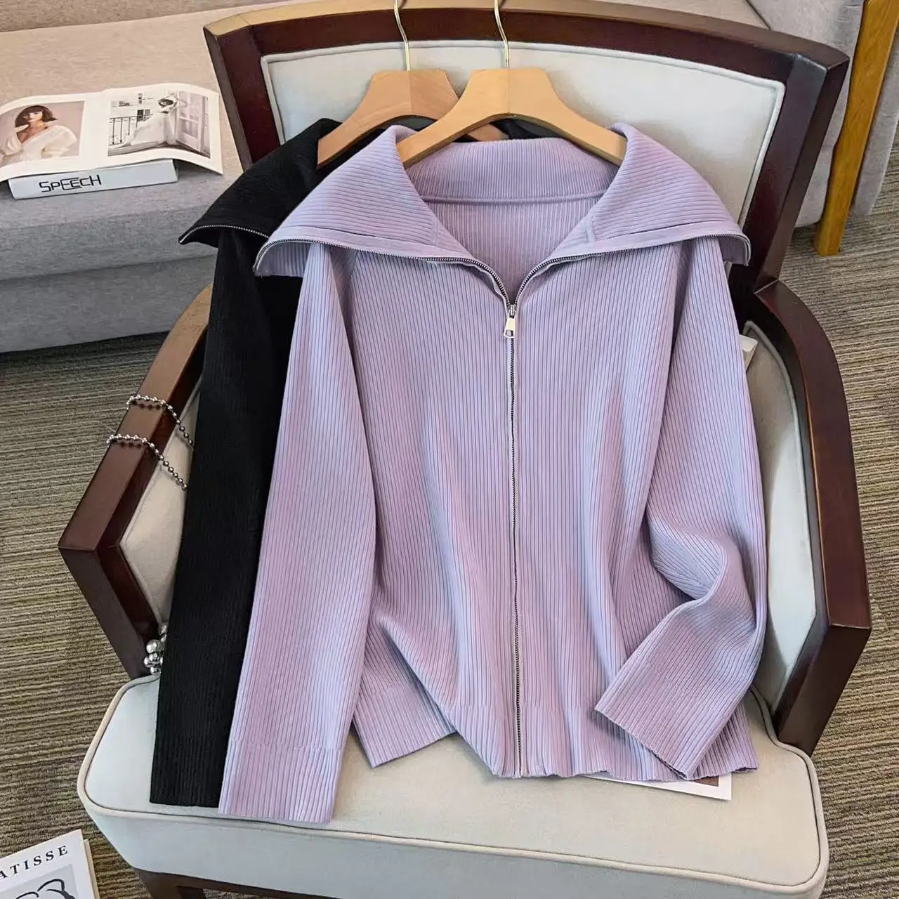 

170 кг, женский бюст 160, осень-зима, свободный кардиган с лацканами, свитер, вязаная куртка, черный, фиолетовый, 4XL, 5XL, 6XL, 7XL, 8XL, 9XL