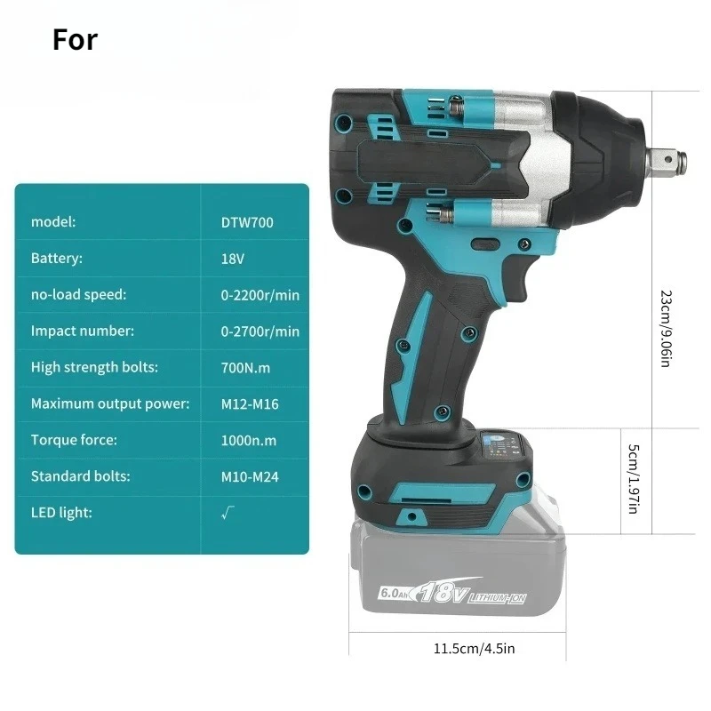 

For Makita DTW700 Cordless Impact Wrench 18V Brushless Motor 1000Nm Variable Speed Electric Wrench High Effieiency Durable
