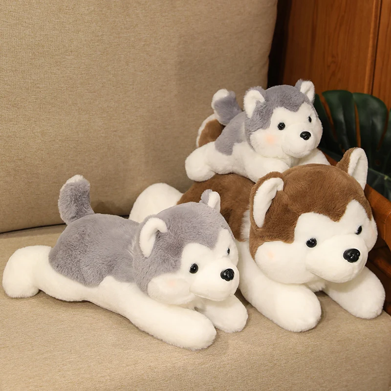 Simpatico cane Husky peluche peluche morbido Kawaii sdraiato marrone cucciolo di animale domestico cuscino bambola giocattoli per il regalo di Natale