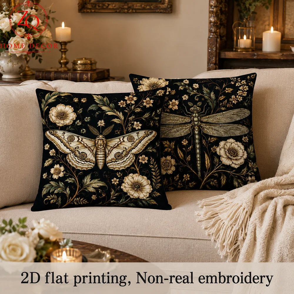 Dark Moth Throw Pillow Cover 2D Flat Printed Peach Skin Dragonfly Cushion Case Vintage Botanical Pillowcase Sofa Home Decor Gift