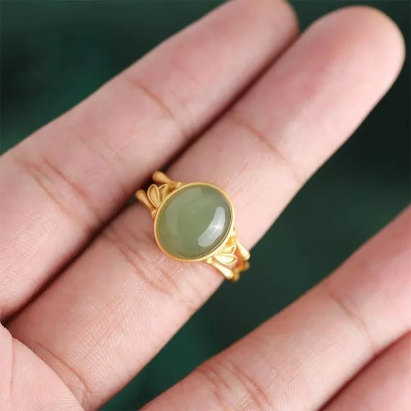 Trendy 925 Sterling Silver Ring Women Bamboo Finger Accessories Fashion Lady Jade Oval Ring Female Jewelry Adjustable image 6
