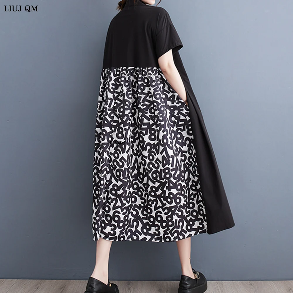 Plus Size Sommer hemd Kleider für Frauen Patchwork Kurzarm lose lässig Vintage lange schwarze Kleid Mode elegante Kleidung