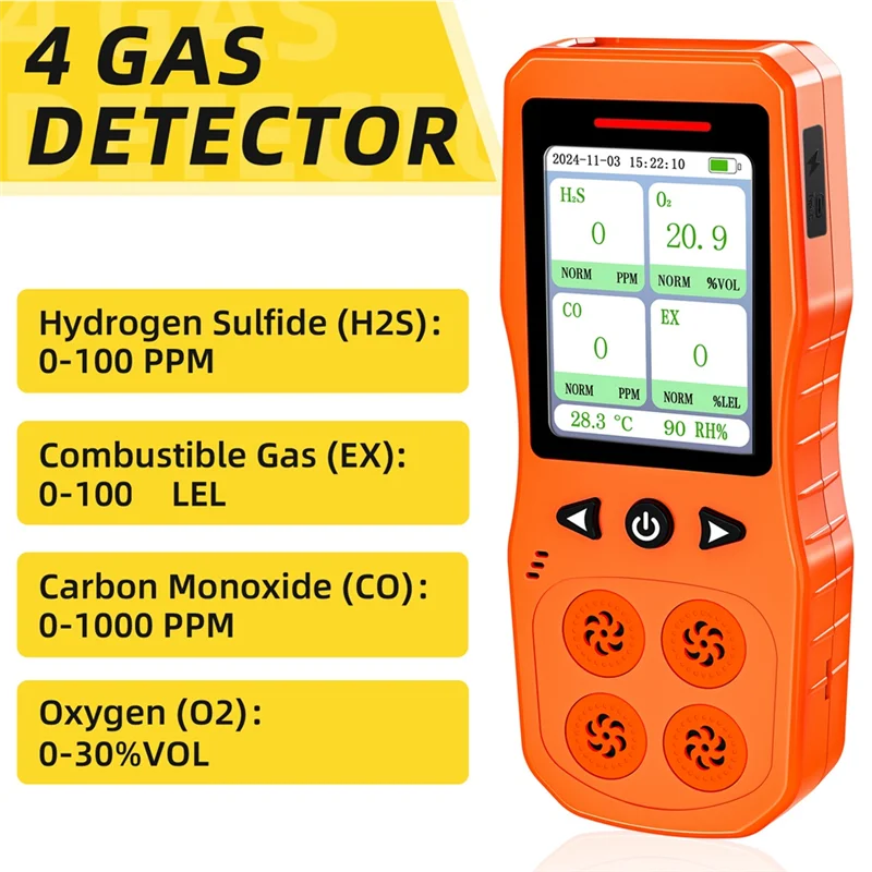 

RMWIN-Gas Monitor For Combustible Gases, O2,CO H2S Gas Tester, 4 Gas Leak Detector With Sound,Light& Vibration Alarm, US PLUG