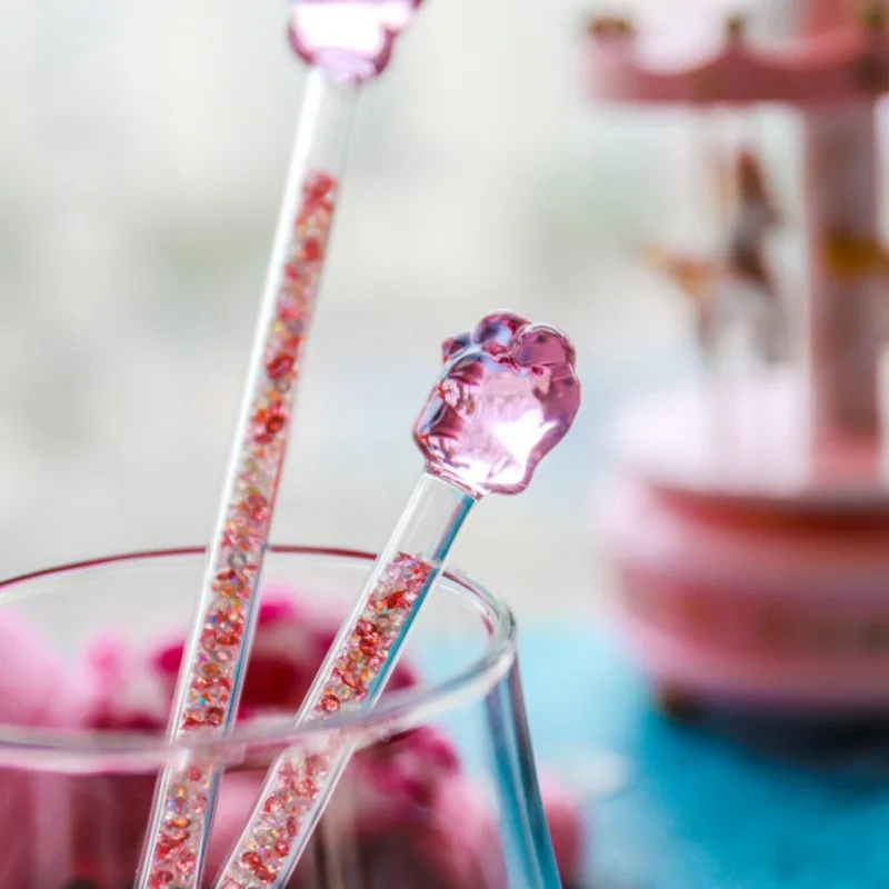 Glass Stirring Rod Pink Cherry Blossom Cat Paw Design Drink Stirrer Cocktail Stir Sticks for Coffee Milk Reusable Mixing Sticks