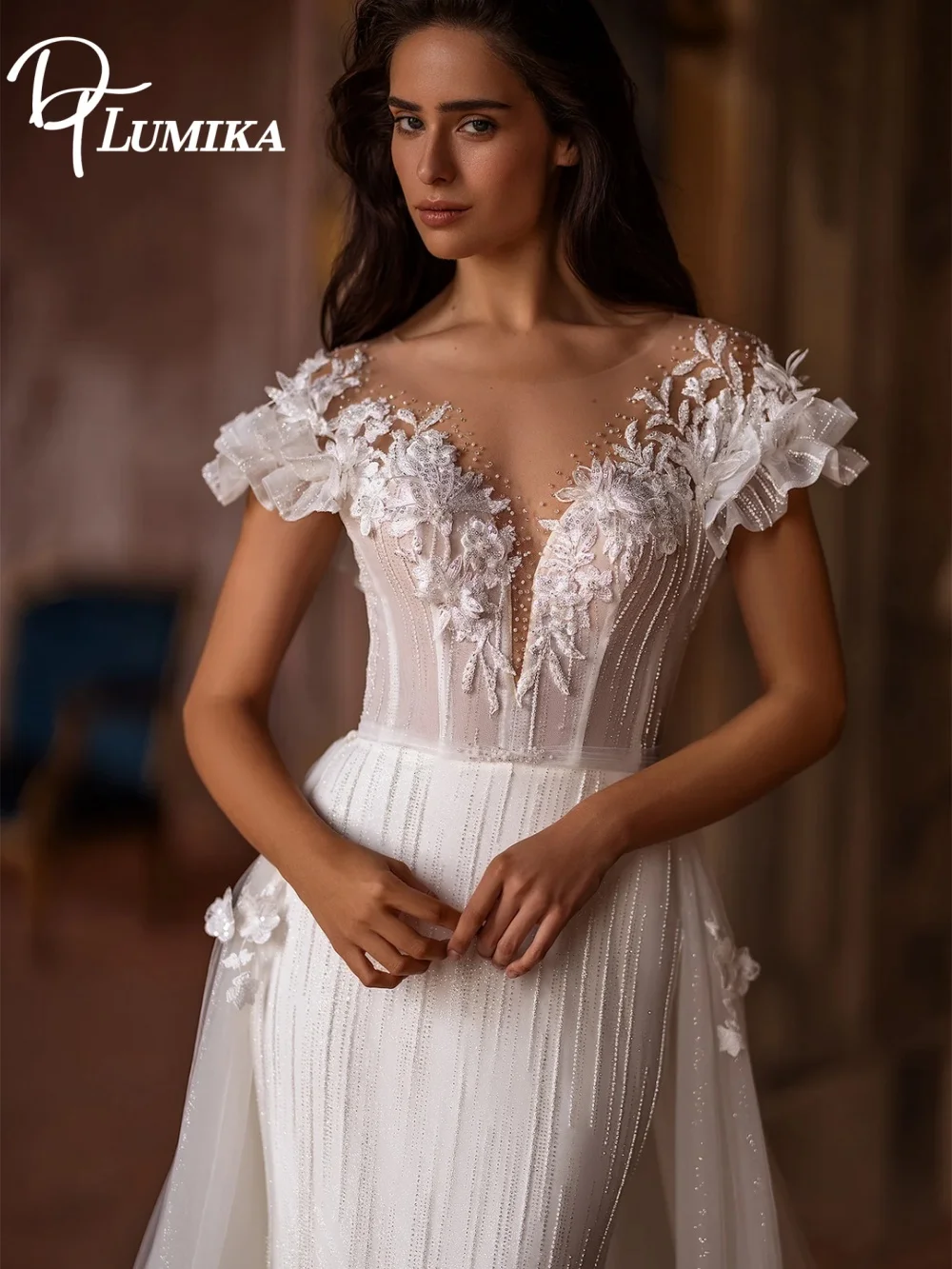 

DTLumika 3D Flower Romantic V-Neck Mermaid Tulle Long Train Wedding Dress Customized Exquisite Beaded Bridal Gown robes de maria