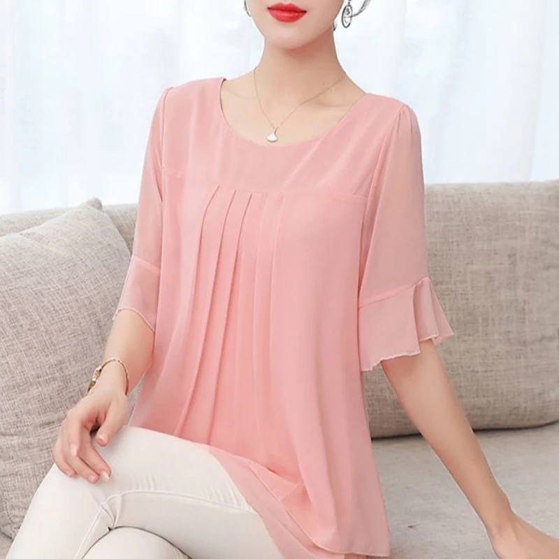 2020 Summer New Solid Color Elegant Fashion Shirt Women Short Sleeve Loose Casual Chiffon Top Female Aesthetic Chic Lady Clothes