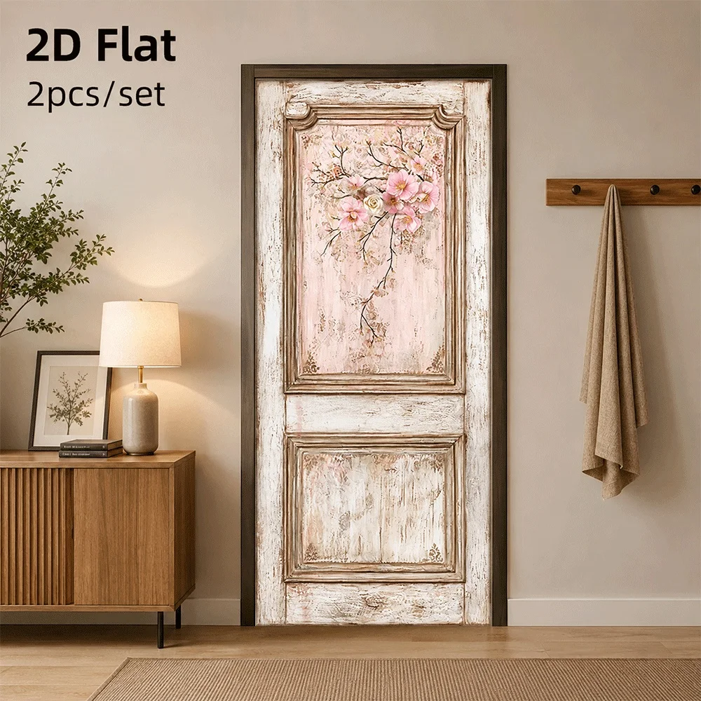 1 piece of retro style wooden door with pink flower pattern for bedroom and living room decoration 2D plan