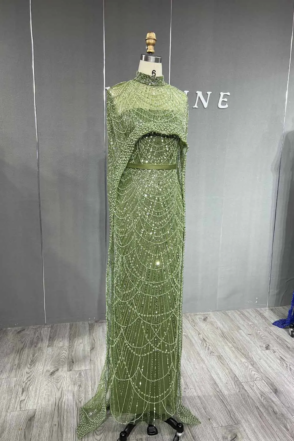 YQLNNE Luxury Greenery Beading Evening Dresses Sequined Tulle Formal Party Gown Mermaid With Shawl