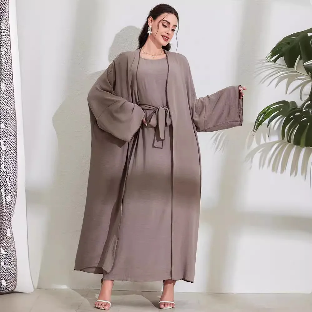 

Women's Solid Color Casual Trendy 2 Piece Sets Long Sleeve Loose Cardigan Coat Inner Dress Sash Middle East Muslim New Fashion