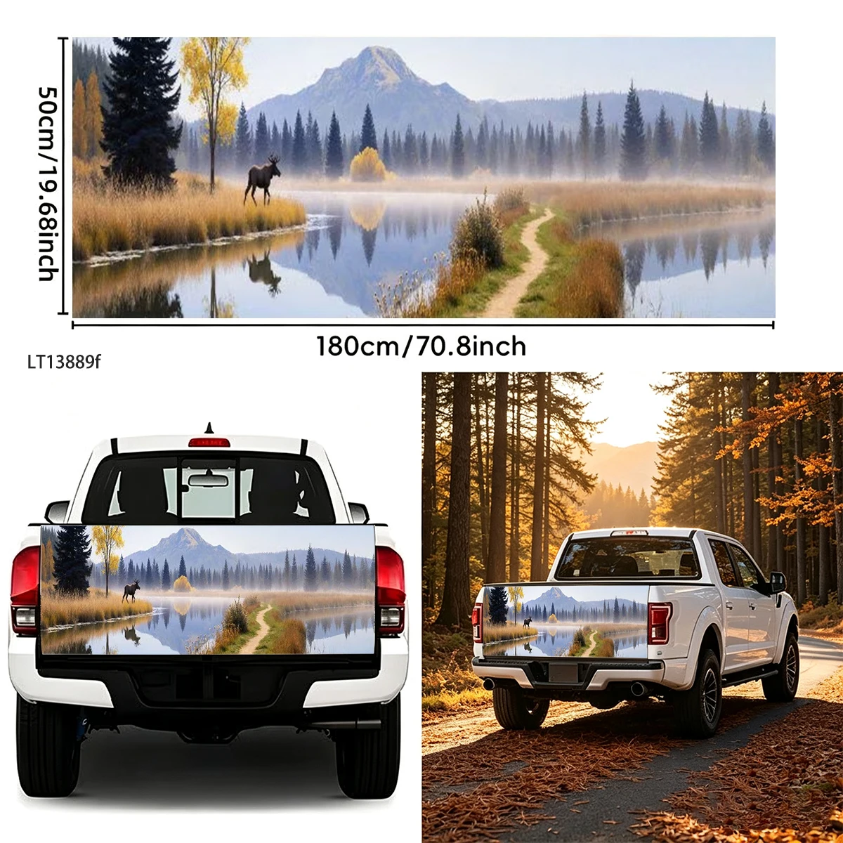 Forest Lake Moose Fall Scenery Pickup Tailgate Decal Waterproof Vinyl Universal Truck Offroad Rear Gate Exterior Mod Decor
