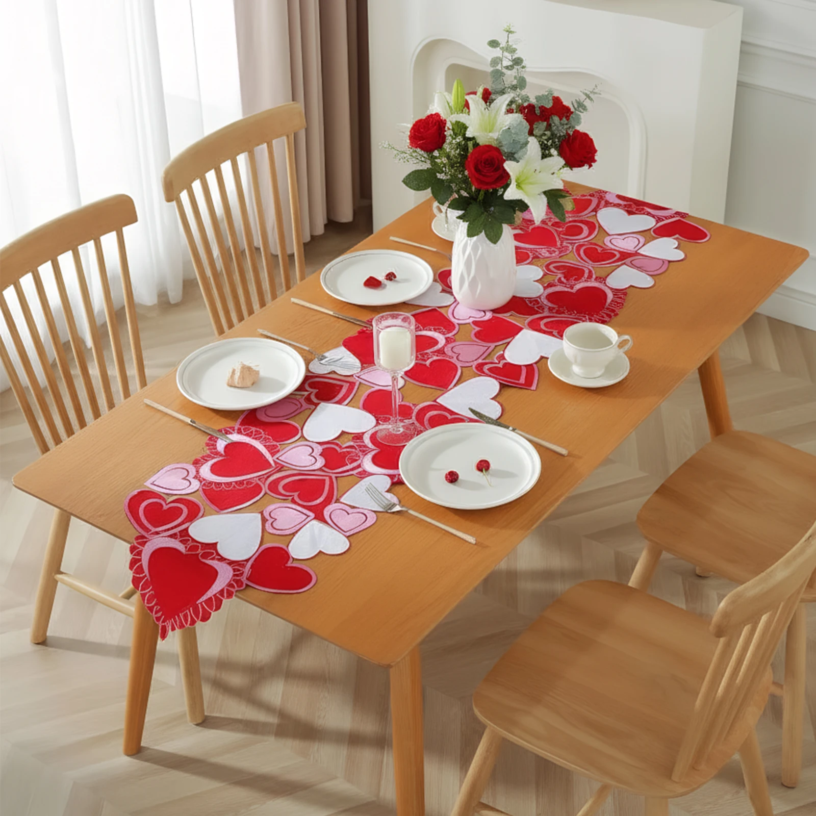 38x176cm Long Embroidered Heart Tablecloth Hollow-Out Hearts Dining Tables Mat Home Decoration Placemats for Marriage Proposals