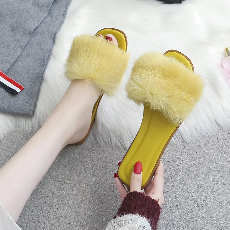 LazySeal Fur Women Slippers Shoes Rabbit Fur Slippers Real Hair Slides Female Furry Indoor Flip Flops Fluffy Plush Shoes House