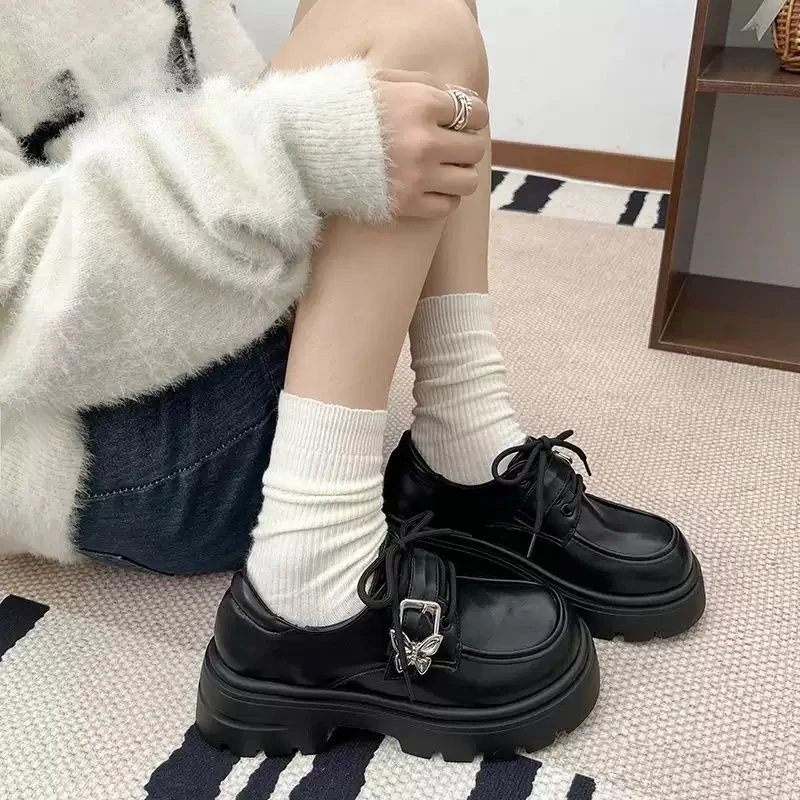 

​2025 Spring and Autumn Women's Thick Sole Black Loafers Vintage British Style Chunky Heel Lace Up Loafers Leather Shoes​