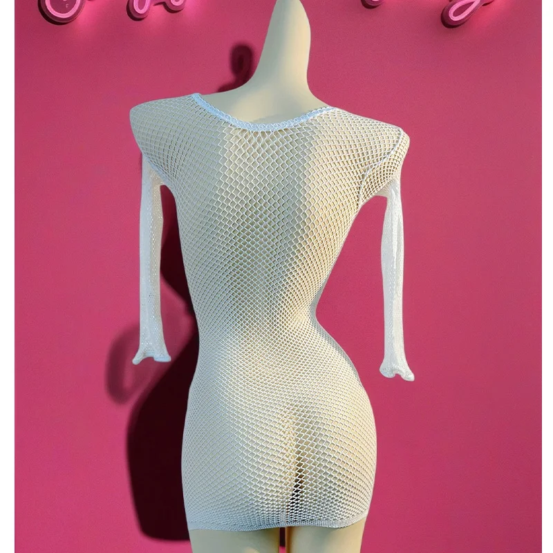1 peça mulheres arrastão cobrir sem biquíni lingerie sexy transparente oco vestido bodycon manga comprida roupa de praia qq609