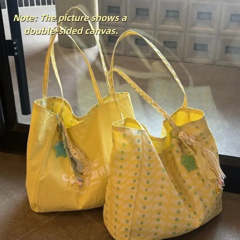 Korean Reversible Canvas Tote Bag Large Capacity Casual Women's Handbag Shoulder Bags Commuting Bag Students Girl Shopping Bag image 3