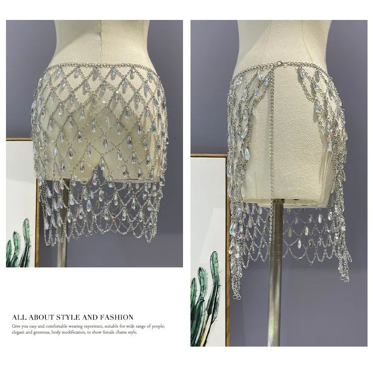 Handmade Crystal Pendant Midi Skirt With Personalized Design, Paired With Hollowed Out Nightclub Stage Sexy Short Skirt