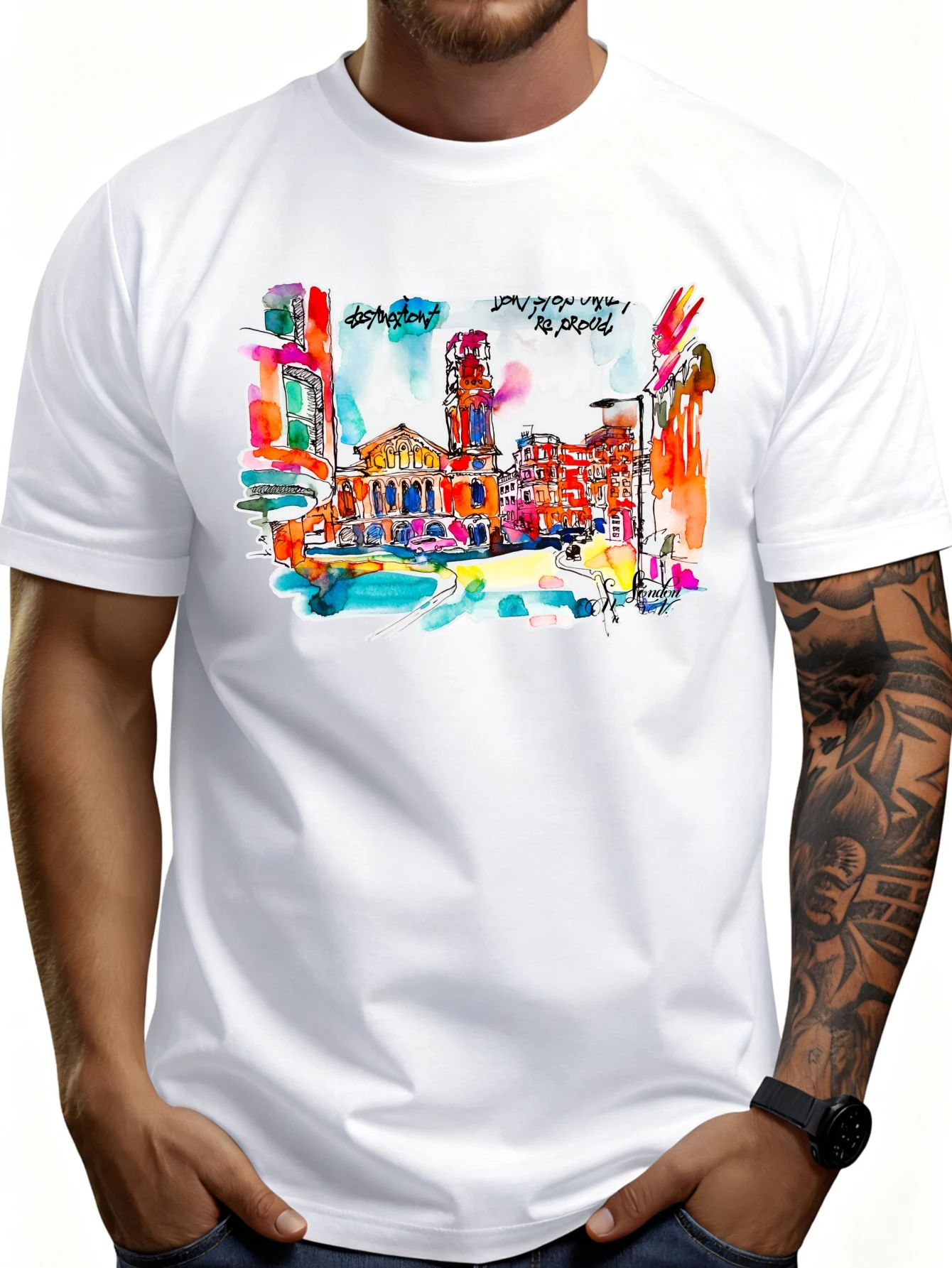 Artistic Watercolor City Scenery Men's T-Shirt Vibrant Urban Scene Summer Casual Wear Gift for Art Lovers and Travel Enthusiasts