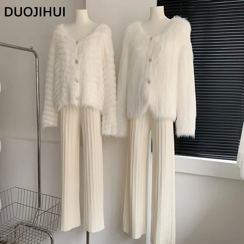 DUOJIHUI Sweet Soft Sweater Knit Women Wide Leg Pant Autumn New Chic Drawstring High Waist Simple Fashion Pure Color Female Pant