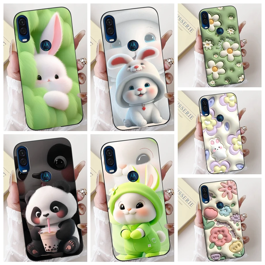 Para Motorola One Vision One Macro funda de teléfono Motorola P50 contraportada suave mate silicona delgada Fundas encantador Panda conejo flor