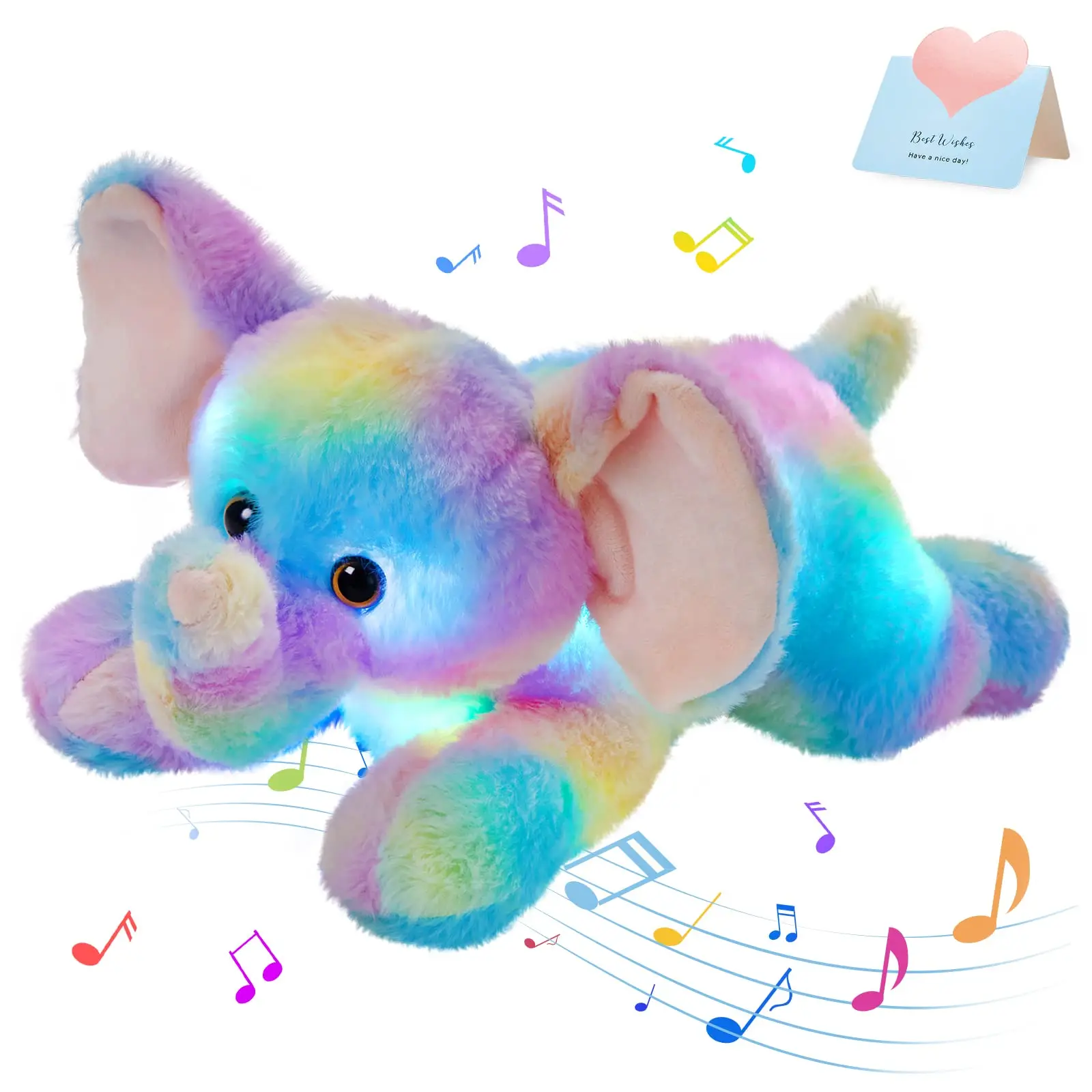 

42cm Plush Toys Rainbow Elephant with LED Light Musical Stuffed Animals Cotton Doll Cute Throw Pillows for Girls Kids