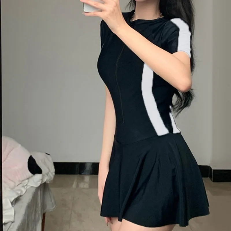 Cover-ups Women Summer Girls Simple Casual Daily Zippers Design Short-sleeve One-piece Korean Style Trendy Prevalent Personality
