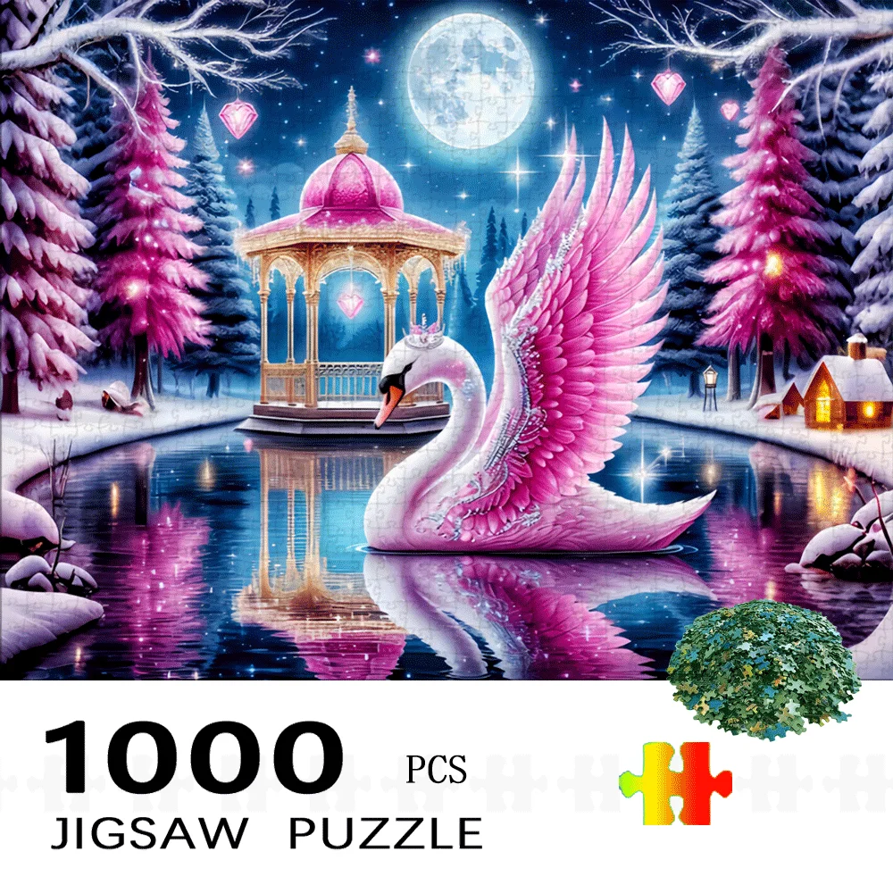 Rompecabezas de 1000 piezas para adultos: encantador cisne y escena del país de las maravillas de invierno con tonos rosas y azules, actividad familiar, té cerebral