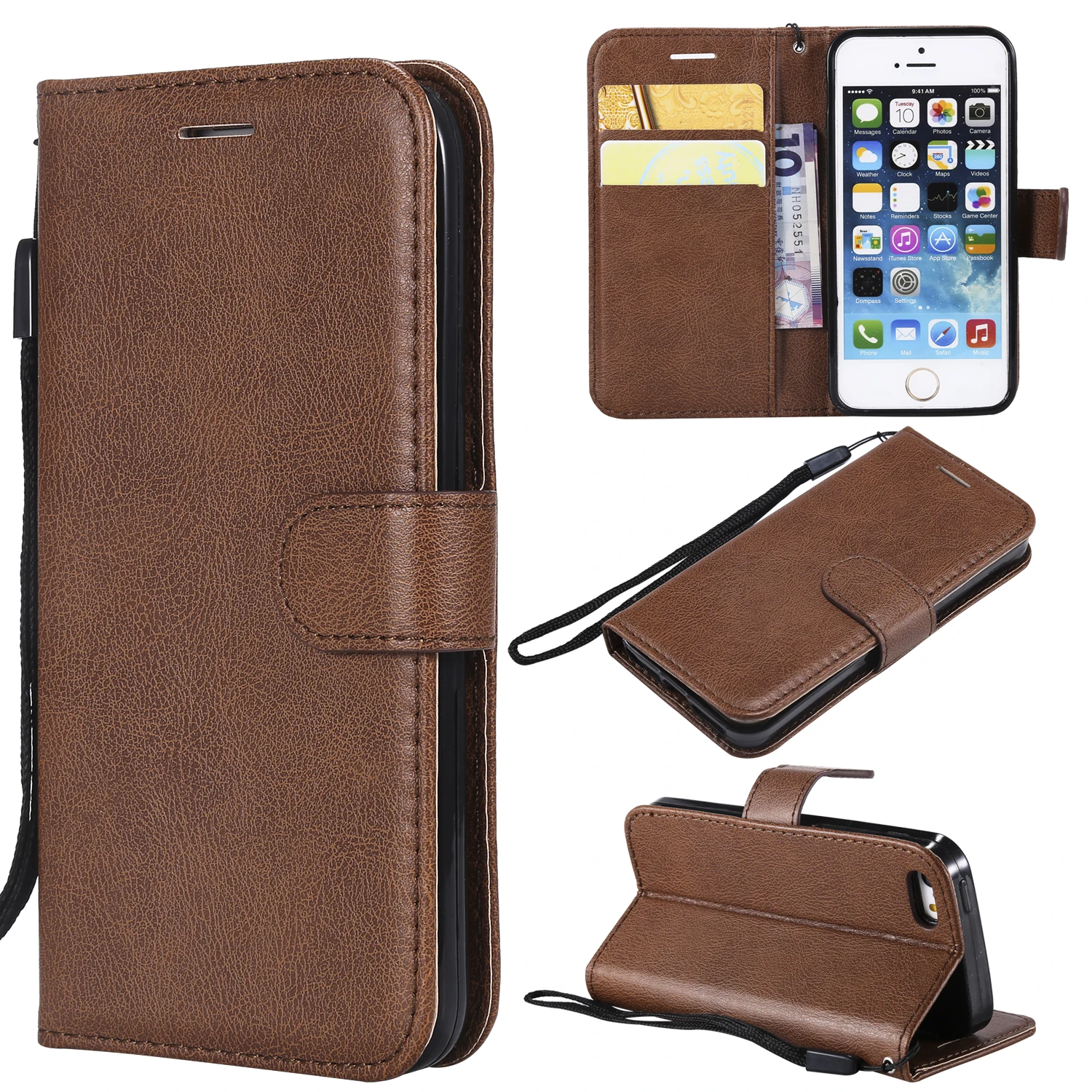 

For iPhone SE / 5s / 5 Case Solid Color Leather Mobile Cover Wallet Stand with Strap - Brown