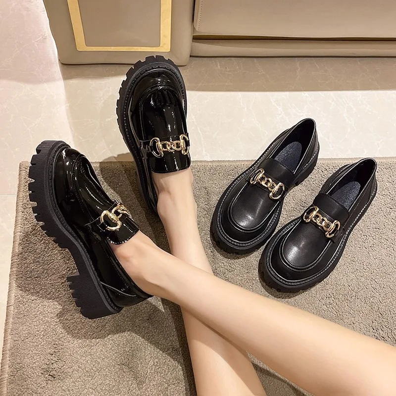 2024 Female Shoes Women Fashion Janes Round Toe Flats Loafers Oxfords Platform Casual Metal Chain Buckle Ladies Heels Black