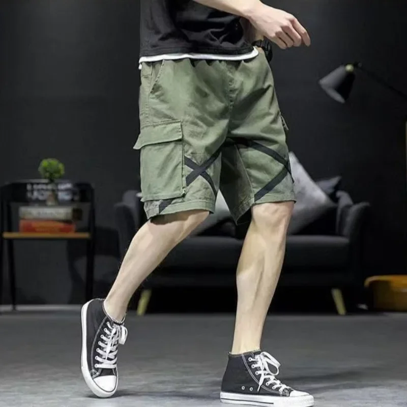 Baggy with Pockets Half Mens Cargo Shorts Draw String Short Pants for Men Wide Long Elastic Waist Bermuda Solid Loose Nylon Y2k