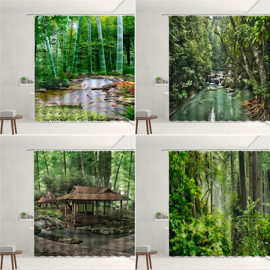 Forest Scenery Shower Curtain Garden  Pond Goldfish Green Plants Tree Wooden House Living Room Bedroom Decor Bathroom Screen Set