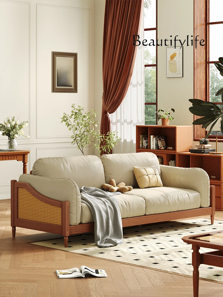 

French Style Mid-Ancient Solid Wood Sofa Vintage Fabric Rattan Small Apartment Living Room Furniture Three-Seat