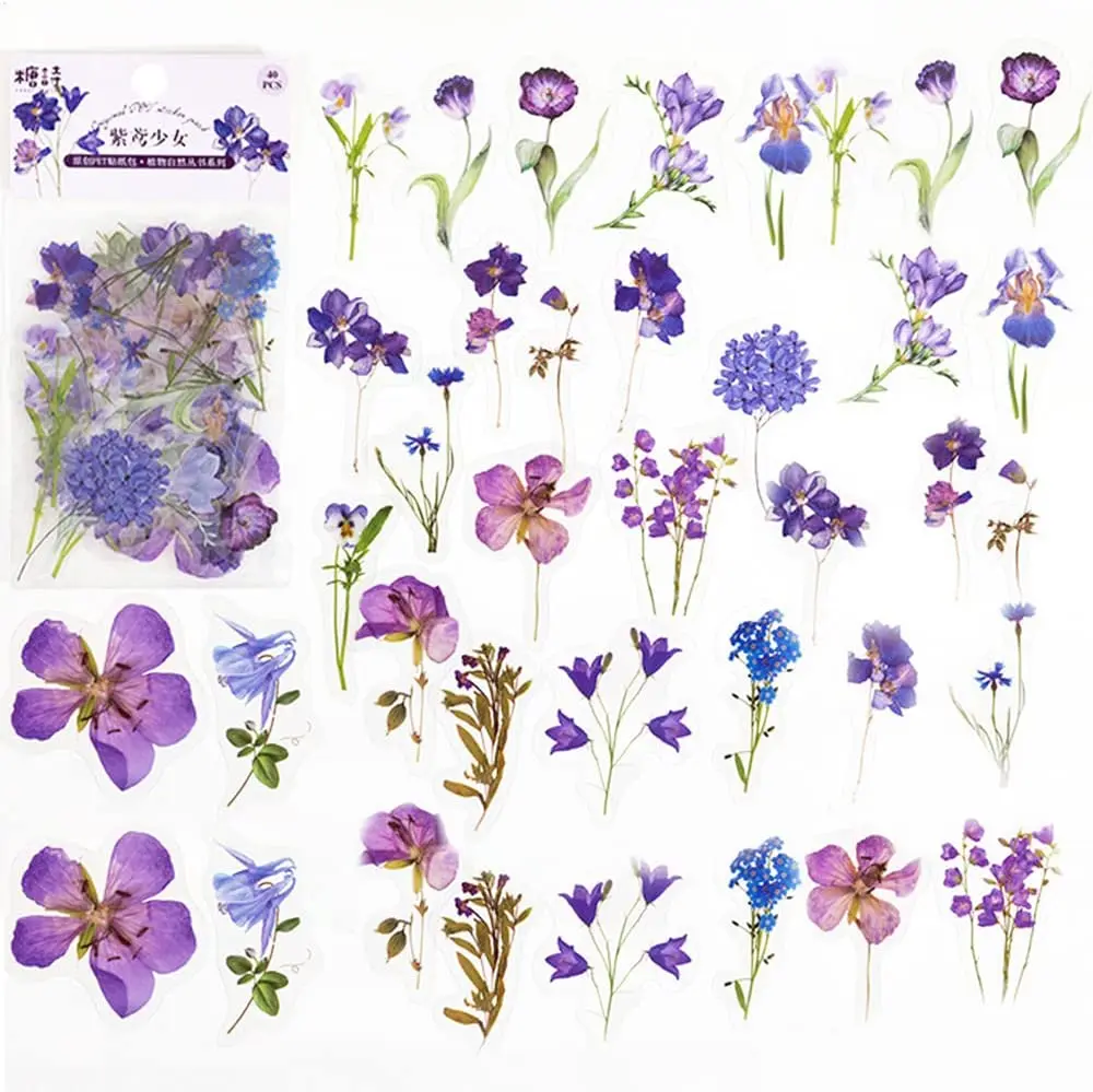 40 Pcs Scrapbook Stickers PET Transparent Flower  Nature Floral  Journal Photo Album Diary DIY Art Crafts