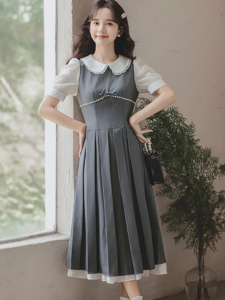 

2024 New Korean Fashion Preppy Style Fake Two Piece Dress Women Fashion Patchwork Pleated Long Dress Summer Elegant Casual Dress