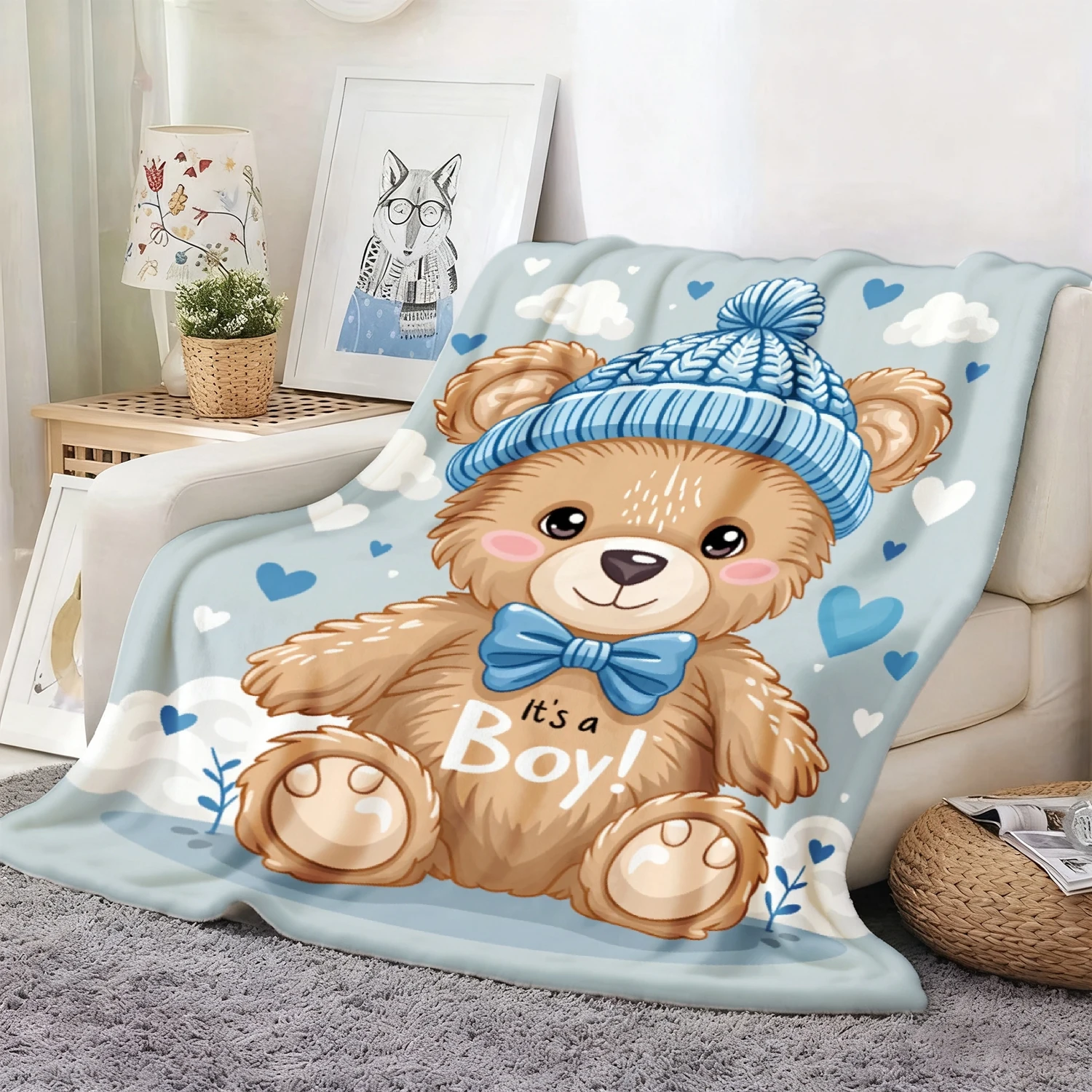 1pc Cute Brown Teddy Bear Flannel Blanket, Wearing Blue Hat And Bow Tie, 